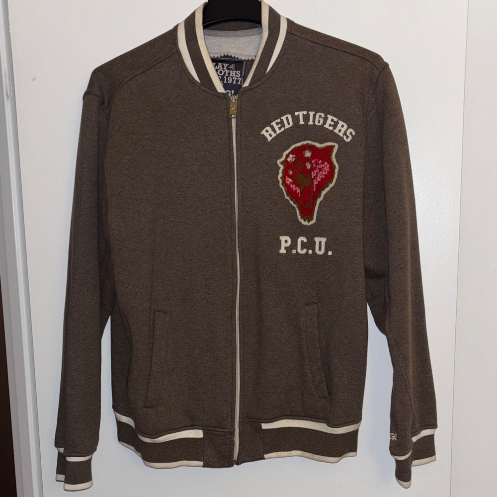 Play Cloths University Fleece Varsity Style Jacket, Mens XL, Brown-Cream-Red